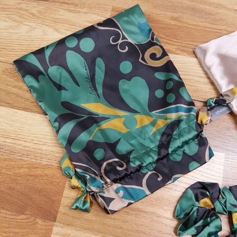CHICOS Womens Paisley Satin Sleep Set Pillowcase Eye Mask Scrunchie Pouch $39